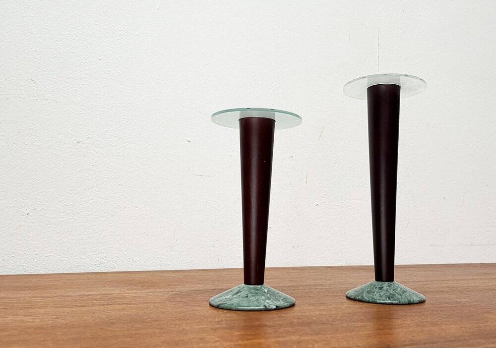 Vintage postmodern Italian wooden and stone candle holders, 1980s, set of 2.