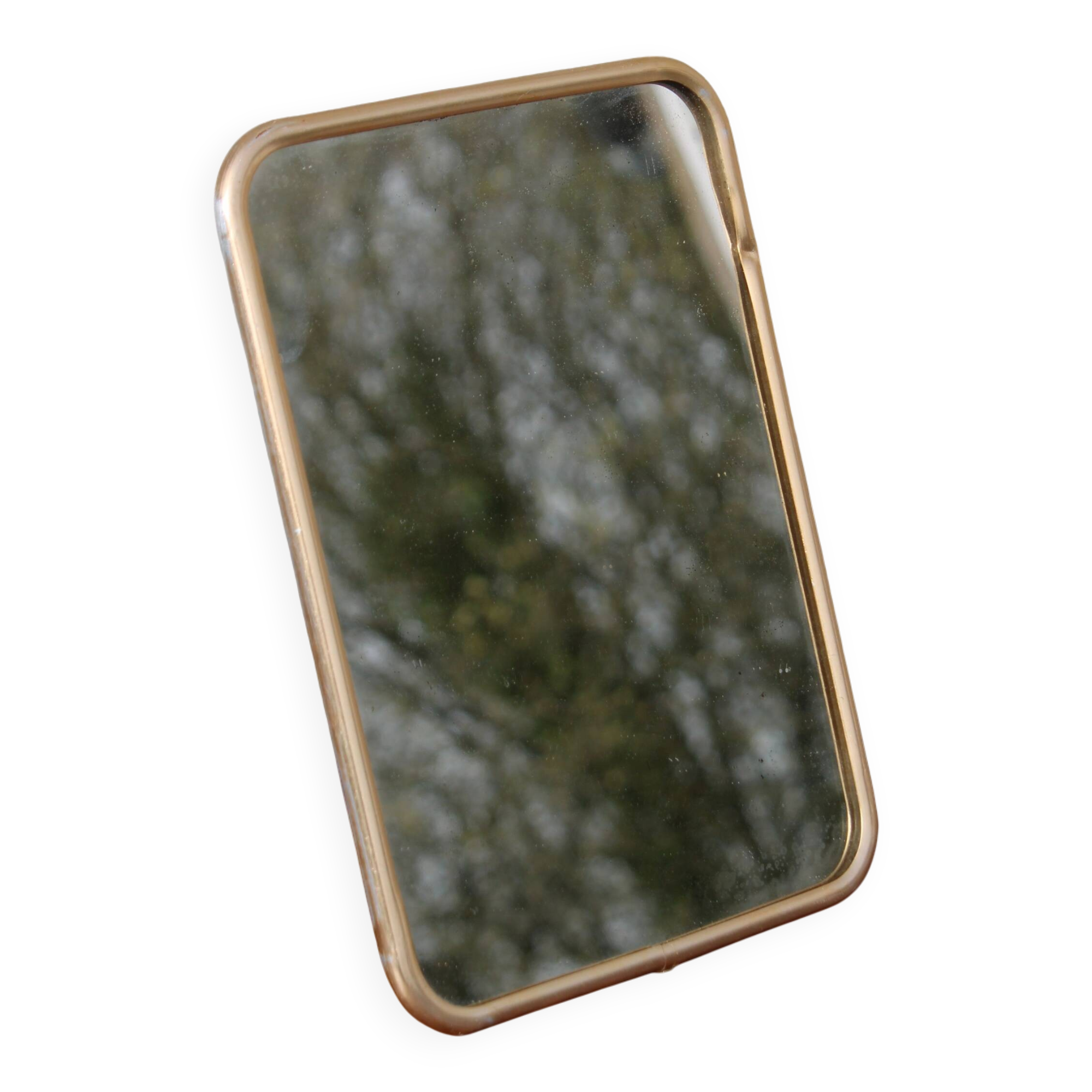 Small vintage tabletop mirror – gold metal frame in barber style