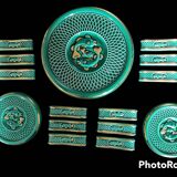 green ceramic trivet/bottle coaster/knife holder set