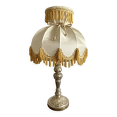 Lampe rétro 56 cm en métal argenté et abat jour à franges