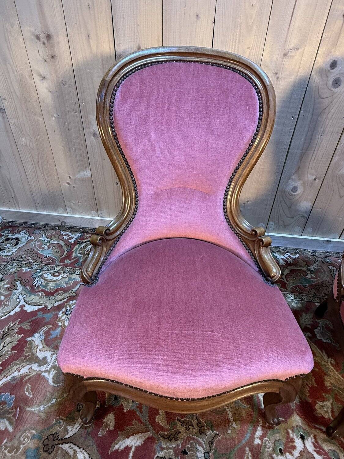 Pair of Louis Philippe armchairs in walnut and pink velvet.