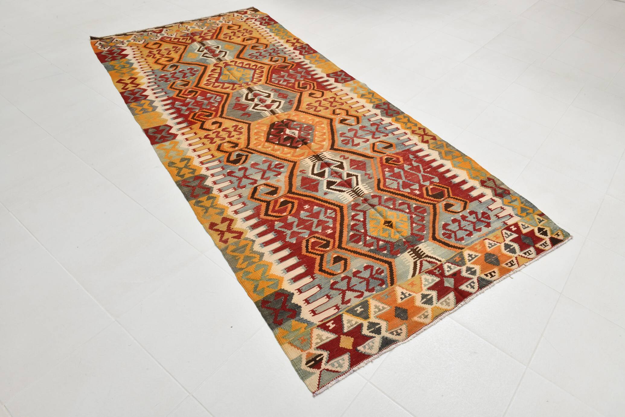 5x10 Red & Orange Geometric Vintage Kilim Rug,142x302Cm