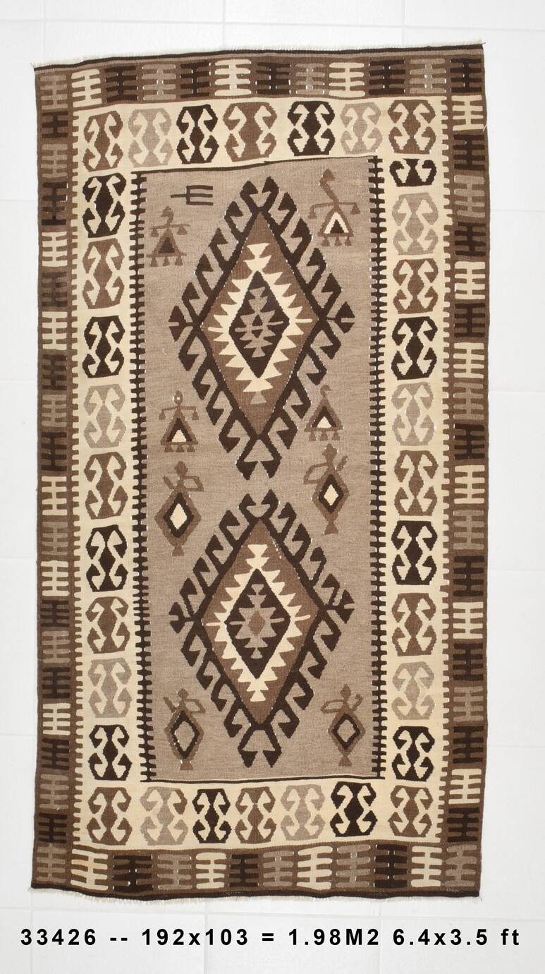 3x6 Brown Cream Handmade Antique Vintage Rug, 103x192Cm