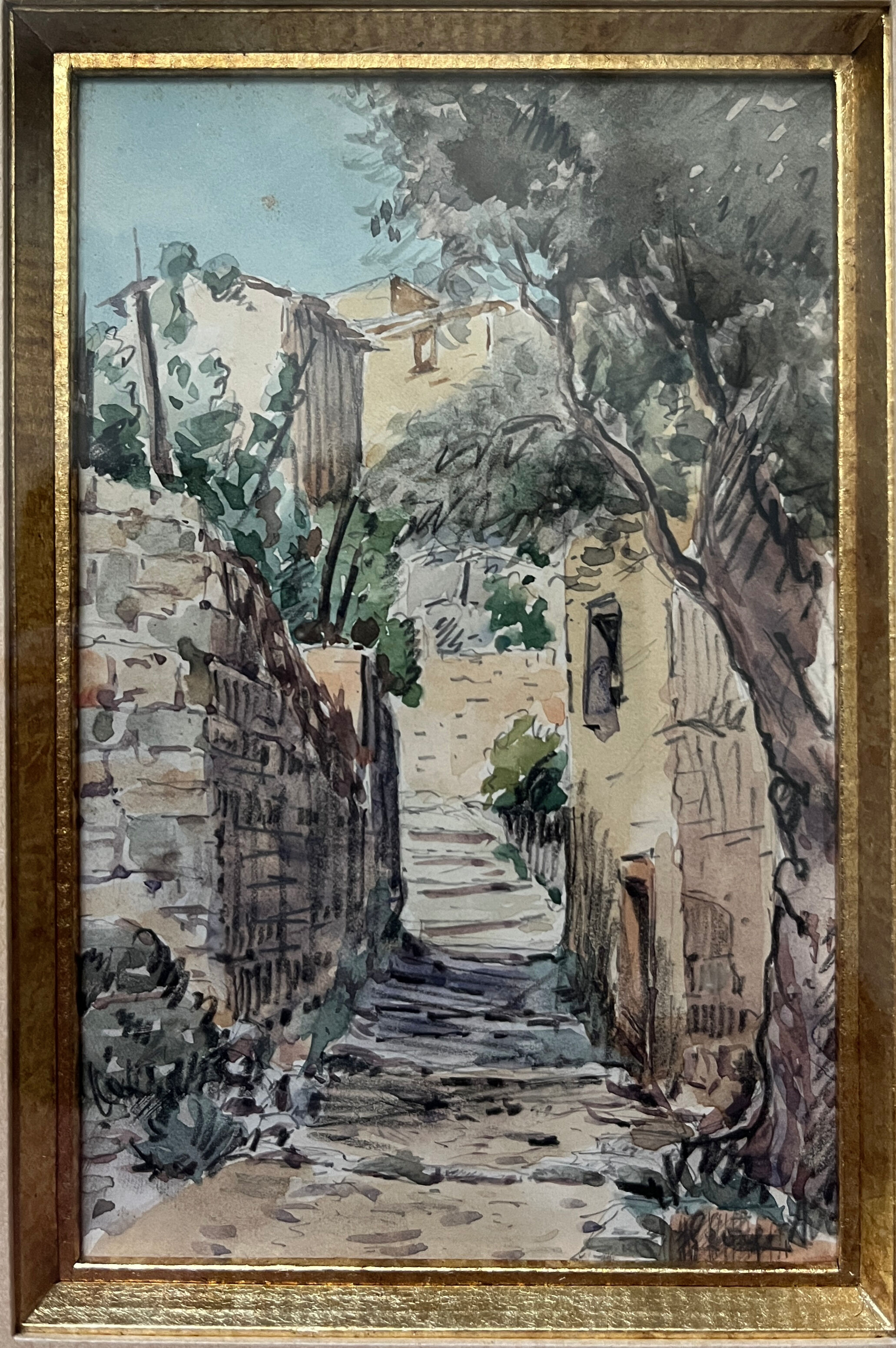 Watercolour painting by Jean Agron (born in 1867) Mediterranean alleyway