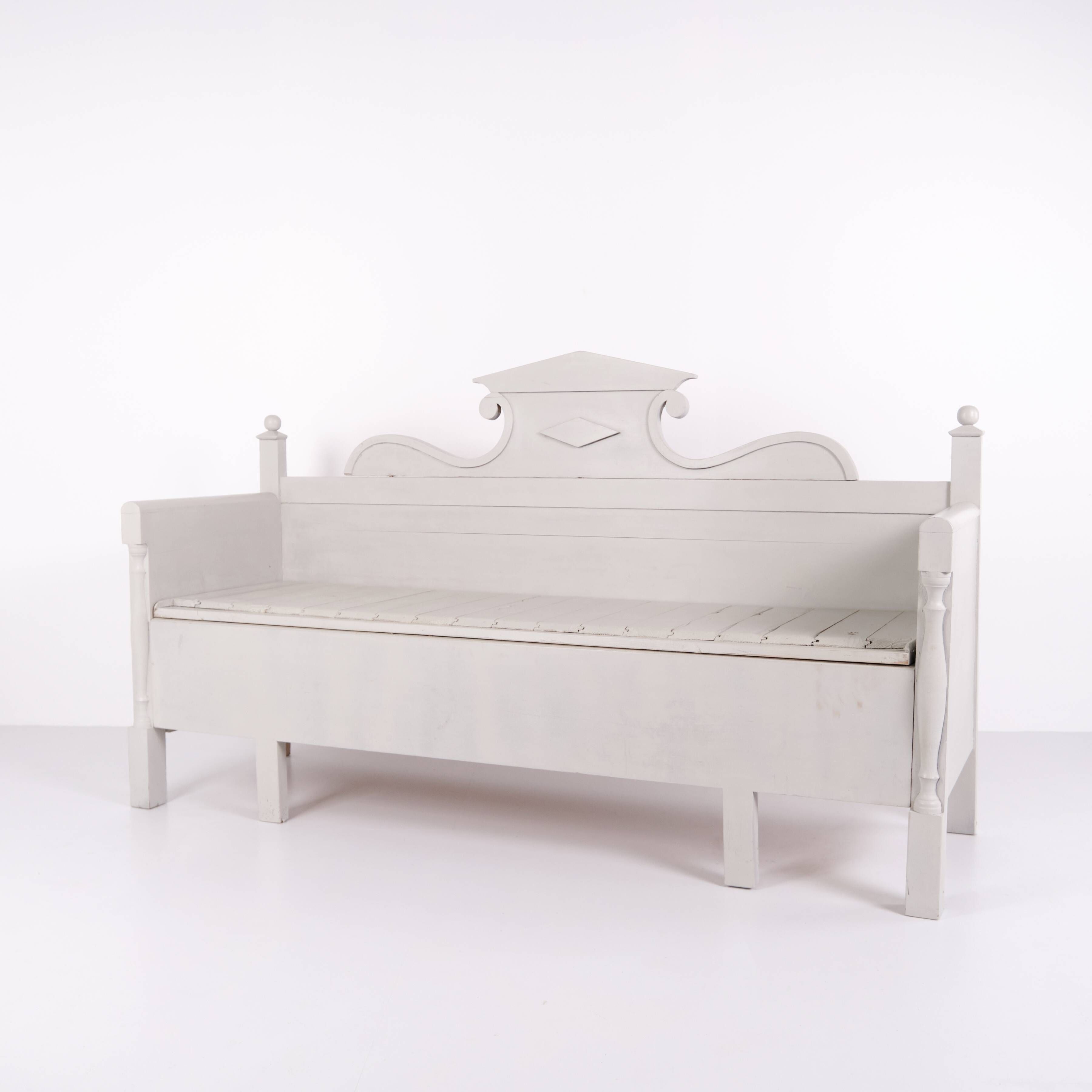 Antique storage bench with carvings – grey painted – pine wood – 1860s