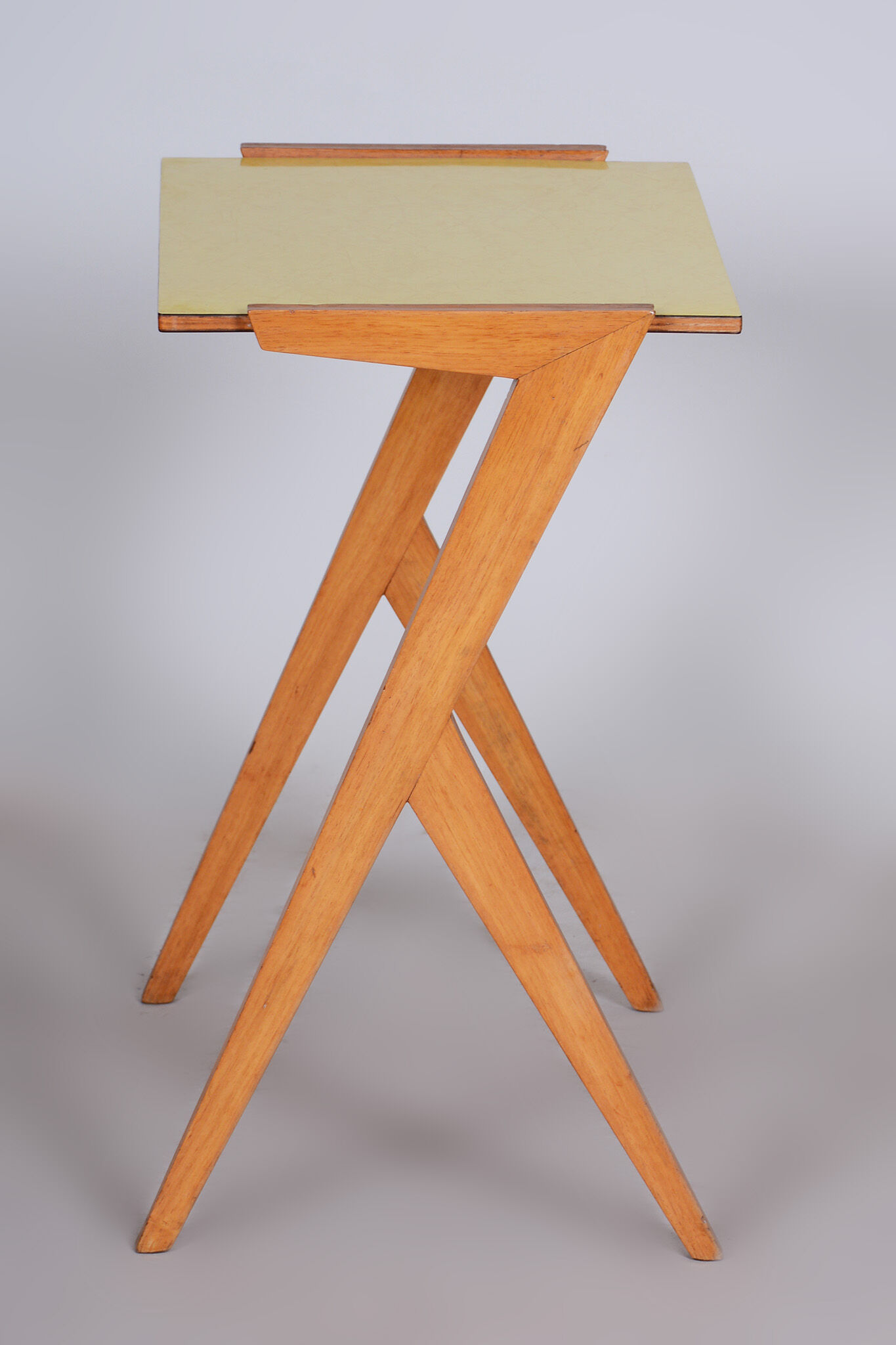 Midcentury small yellow table, beech, umakart, restored, Czechia, 1950s