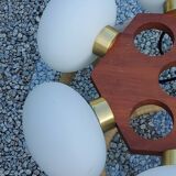 Scandinavian teak and white opaline chandelier with 6 lights from the 70s