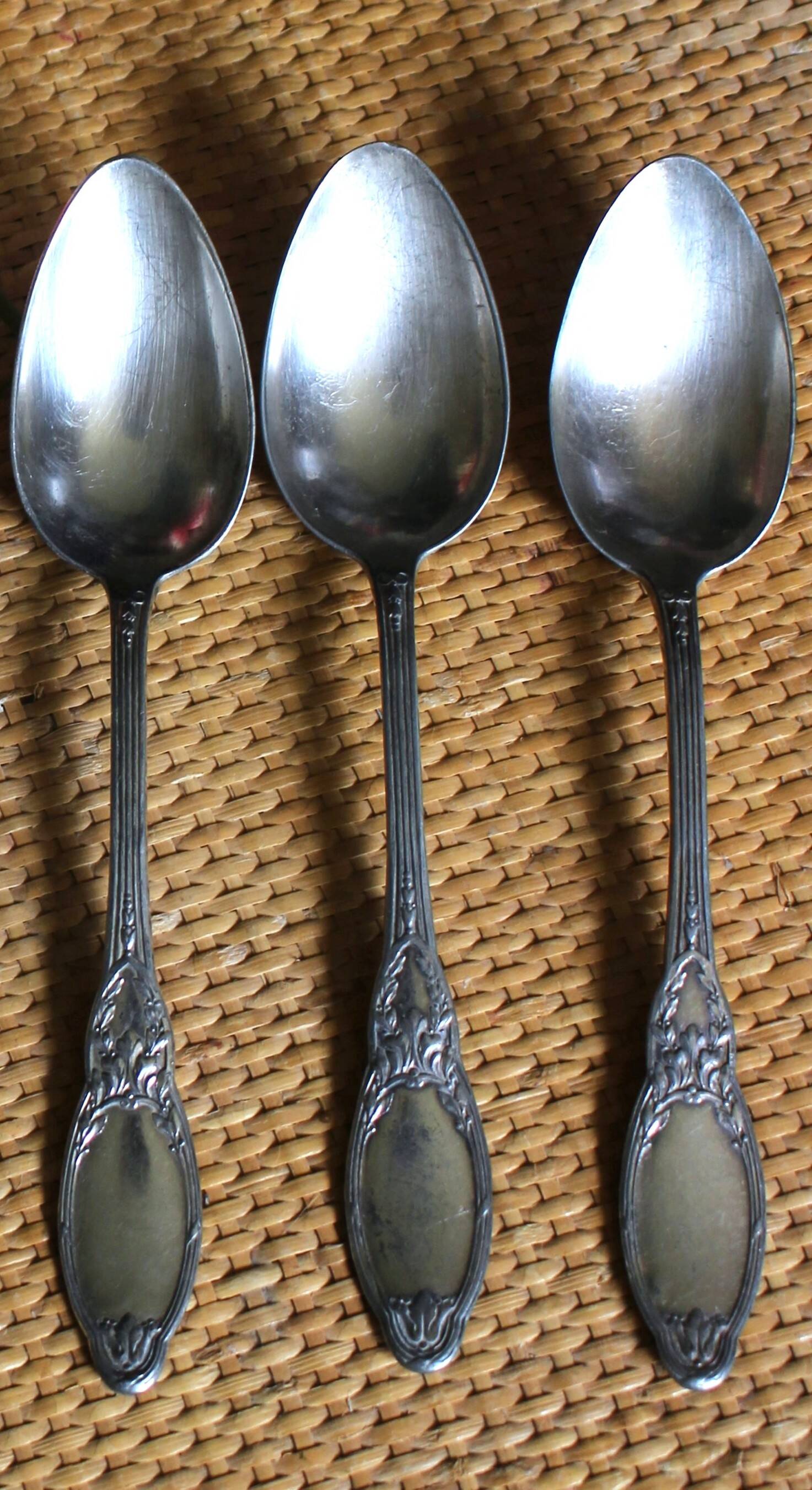 A set of 6 silver-plated metal soup spoons with foliage design.