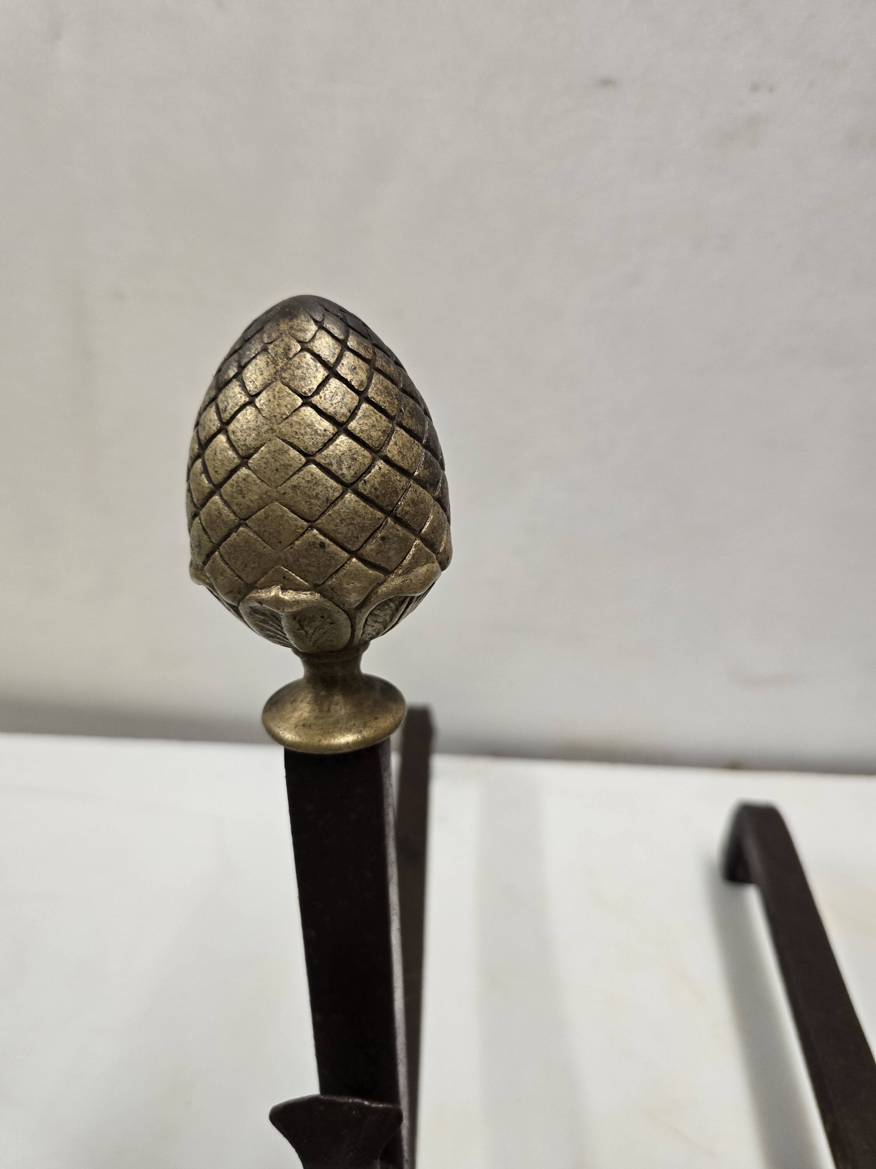 Old pair of wrought iron and bronze andirons