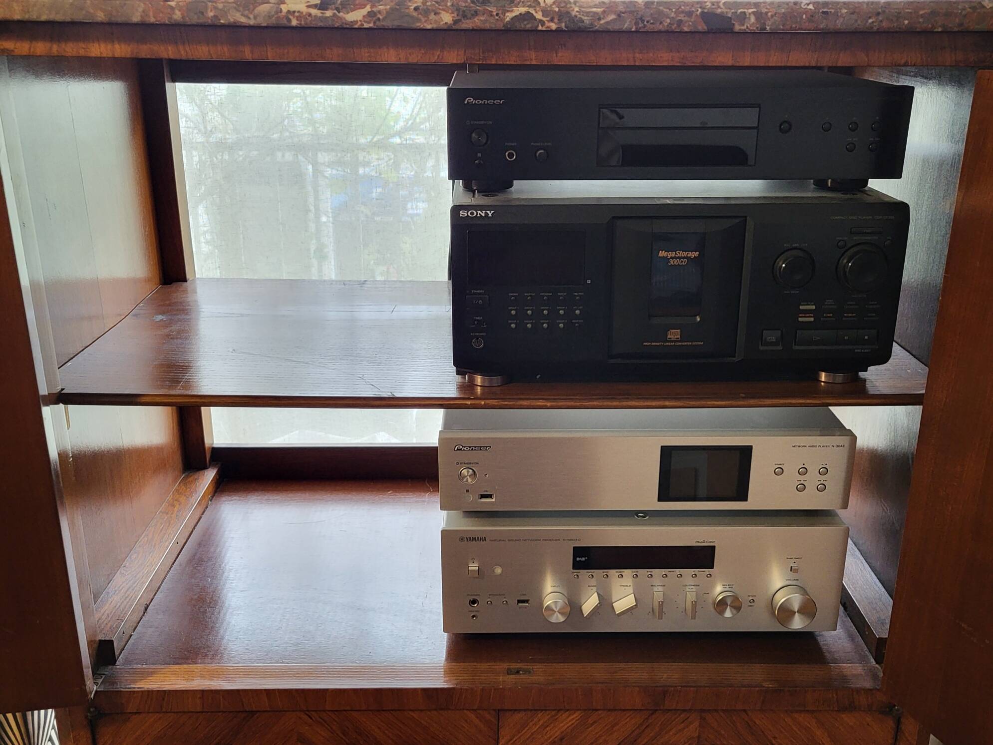 High sideboard in rosewood and marble slab, Louis XVI style, French