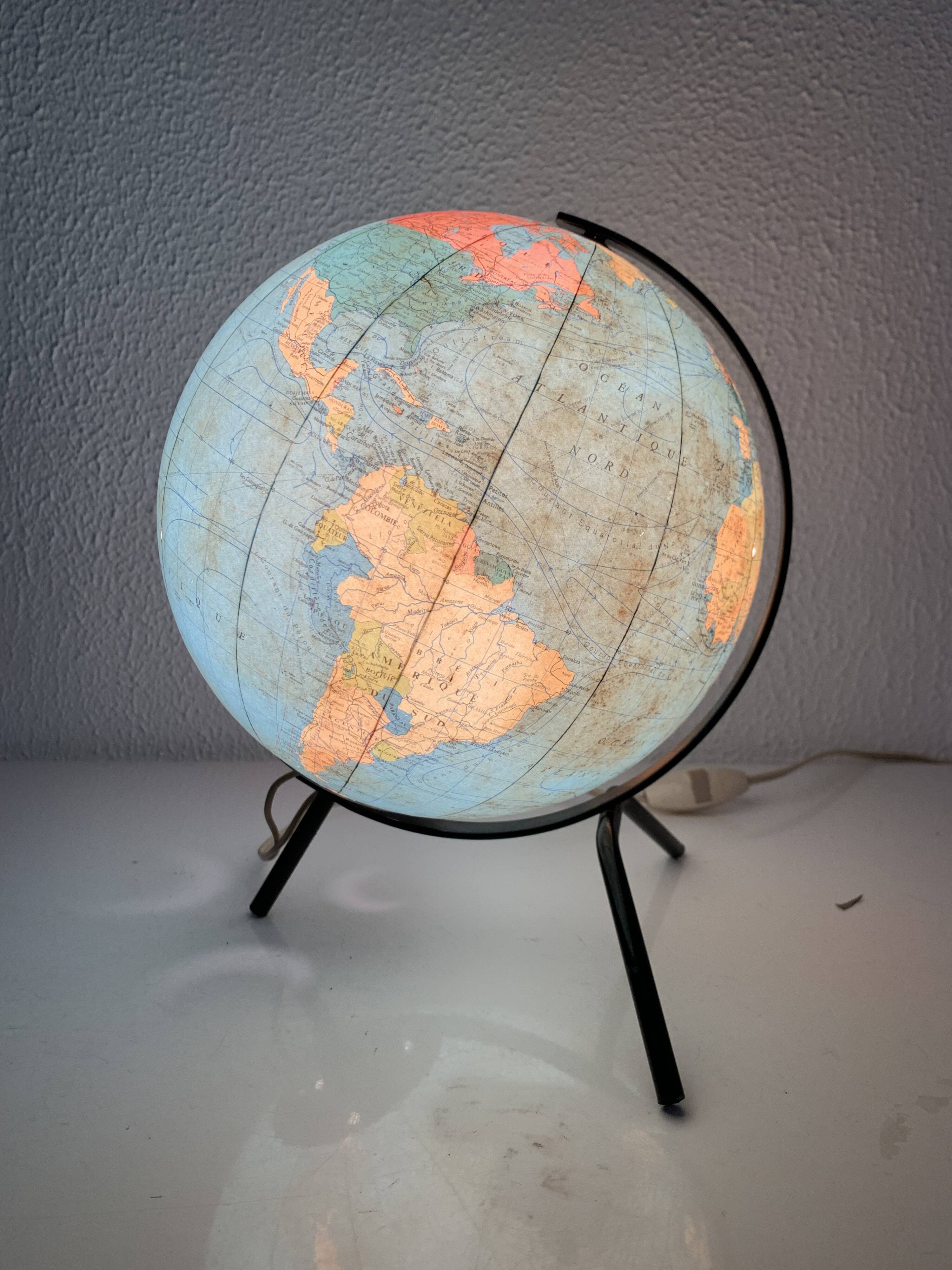 Globe vintage 1967 terrestre tripode Taride verre - 29 cm