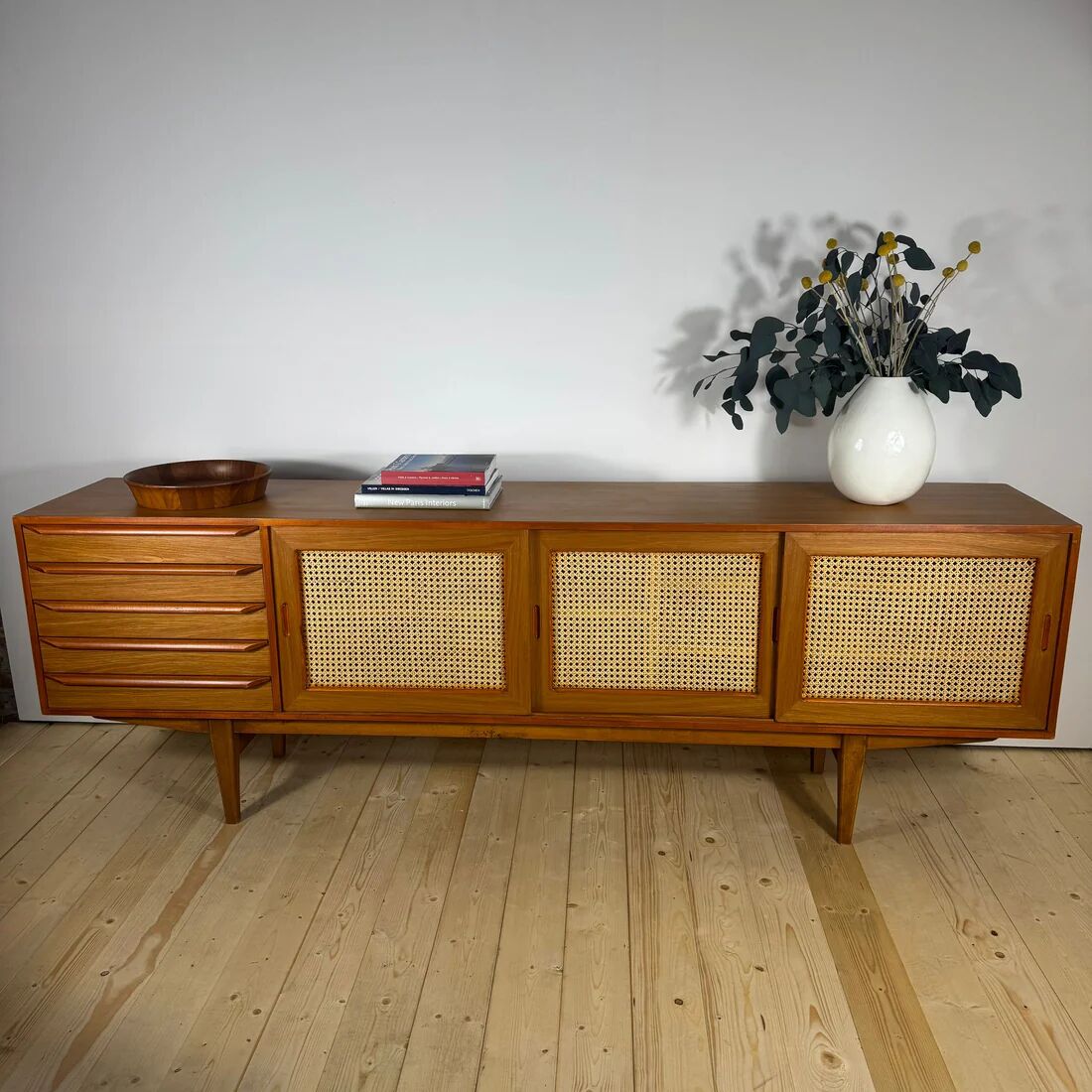 Vintage teak sideboard with rattan doors and drawers – Scandinavian design