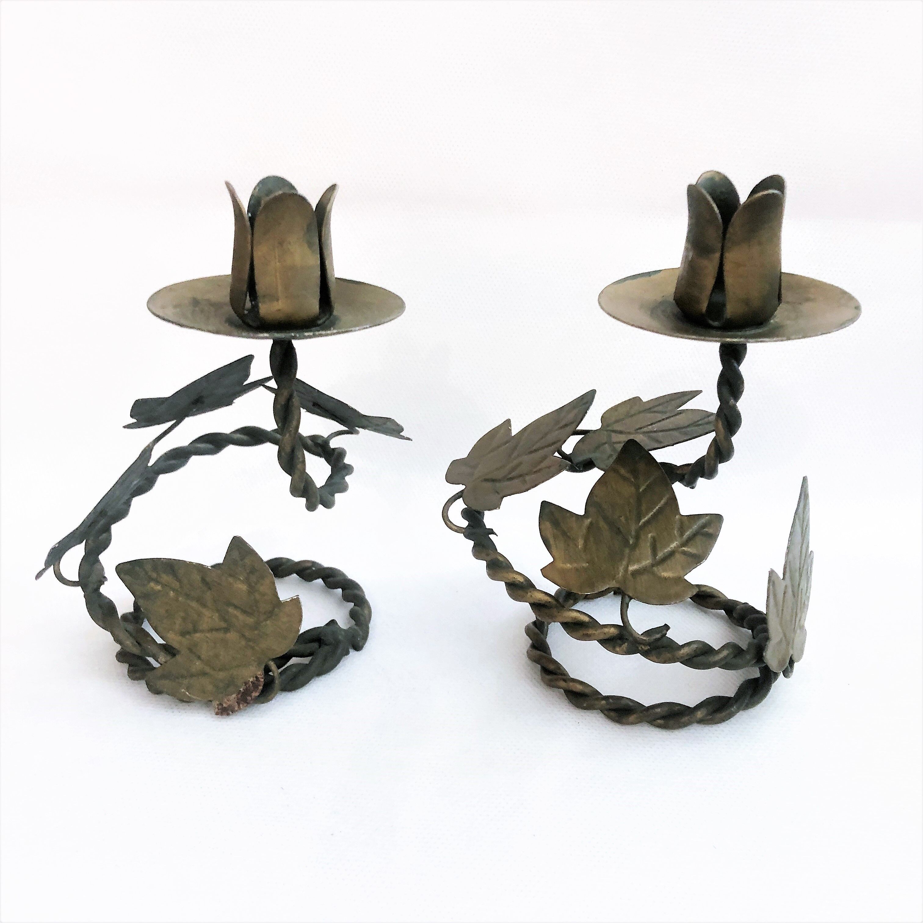 Pair of handcrafted wrought iron candlesticks vintage foliage