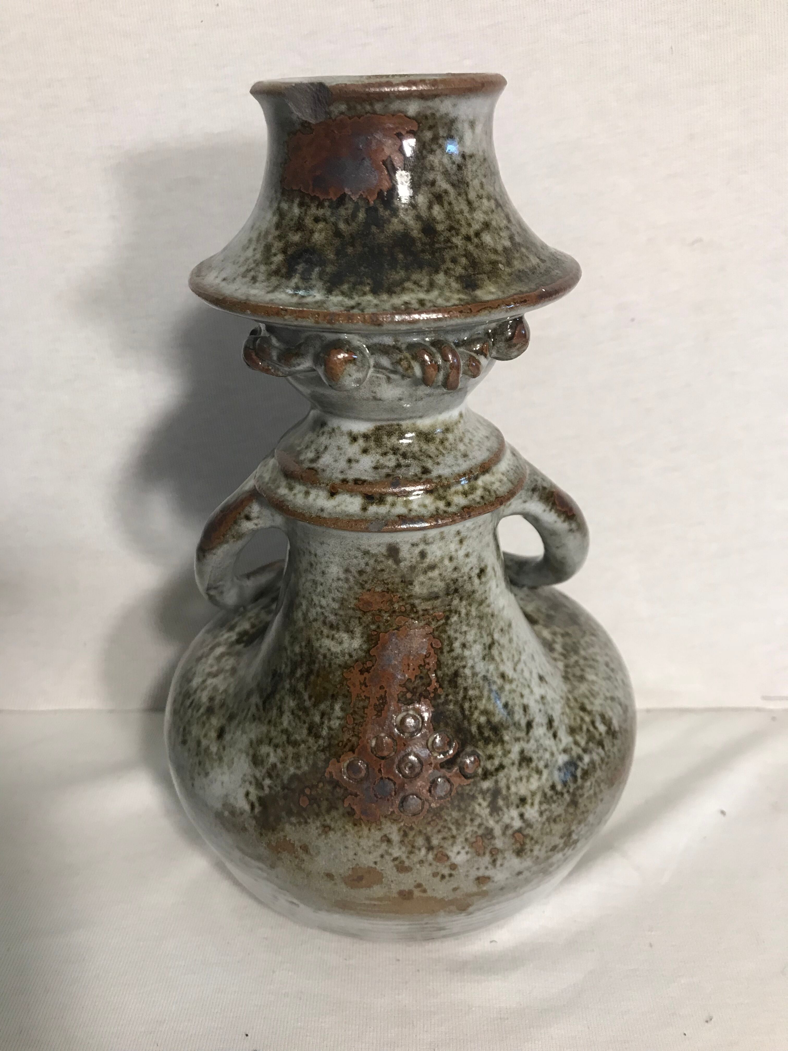 Old man gray Brown ceramic Vase + Spades flowers Decoration Vintage
