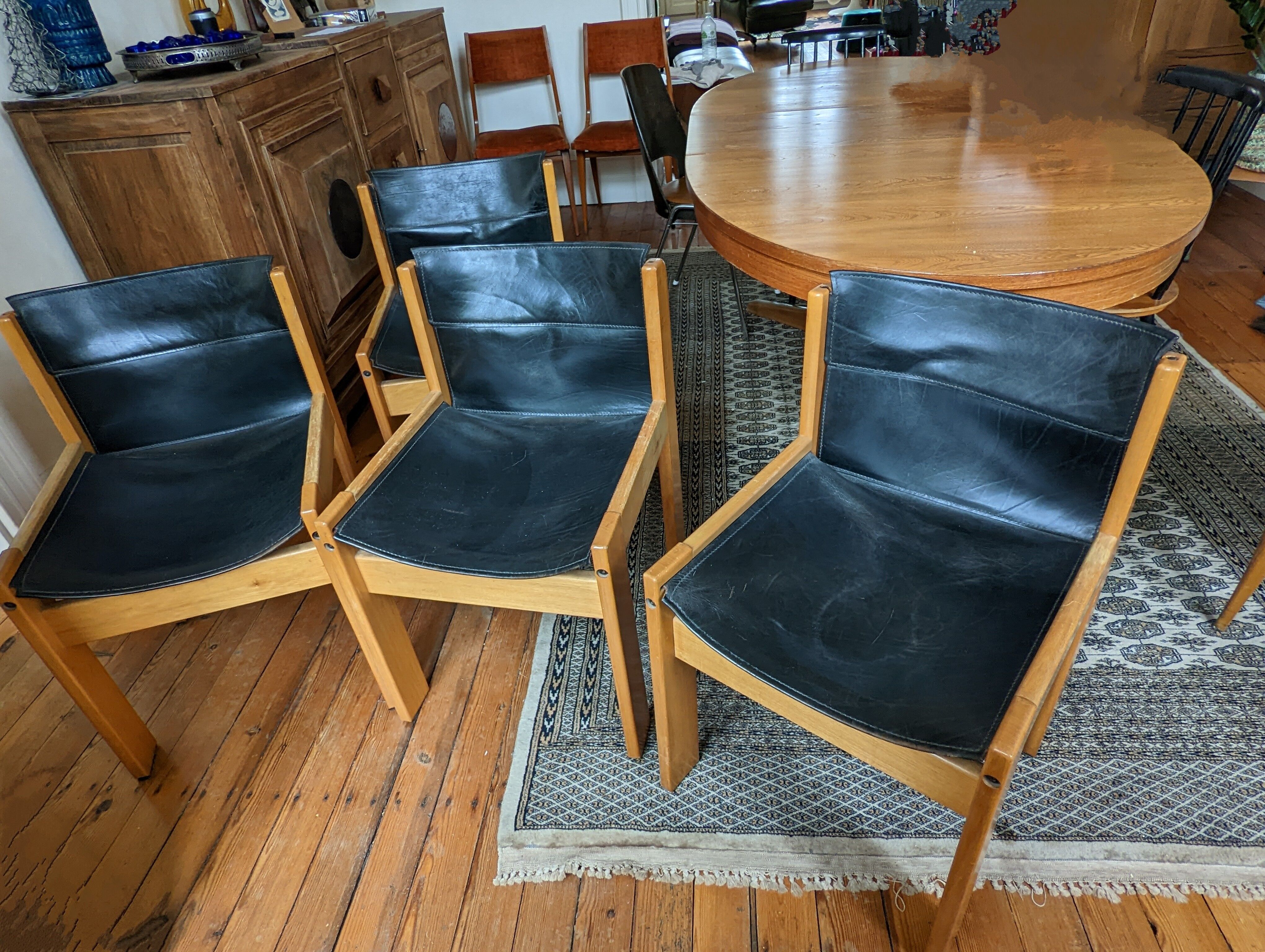 4 Ibisco wood and leather chairs