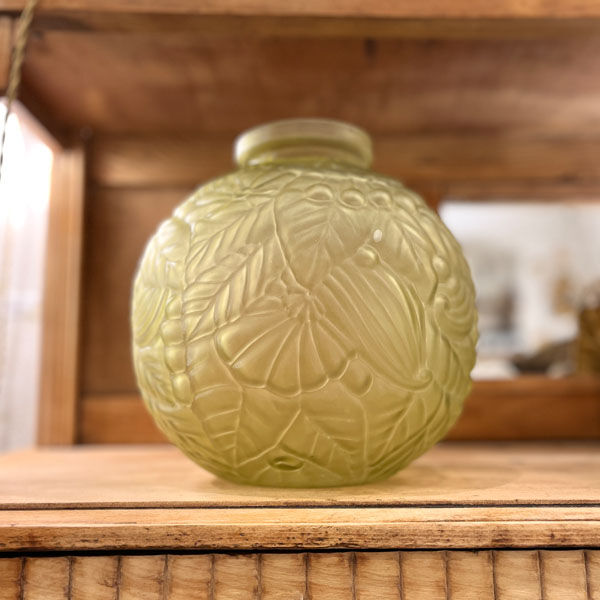 Large Art Deco ball vase in frosted glass ocher yellow