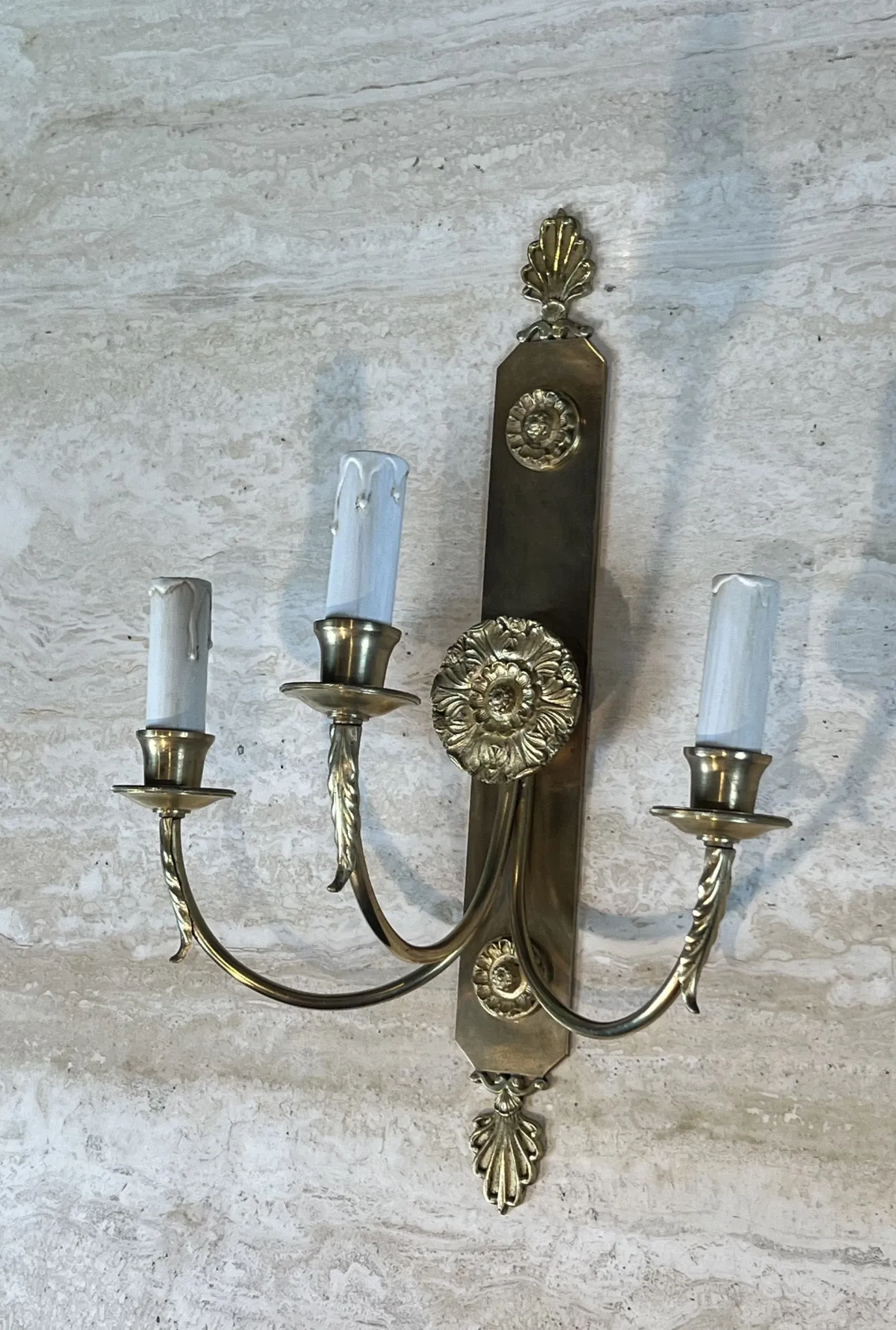 Pair of Neoclassical Wall Lights with Three Arms in Brass with Decoration