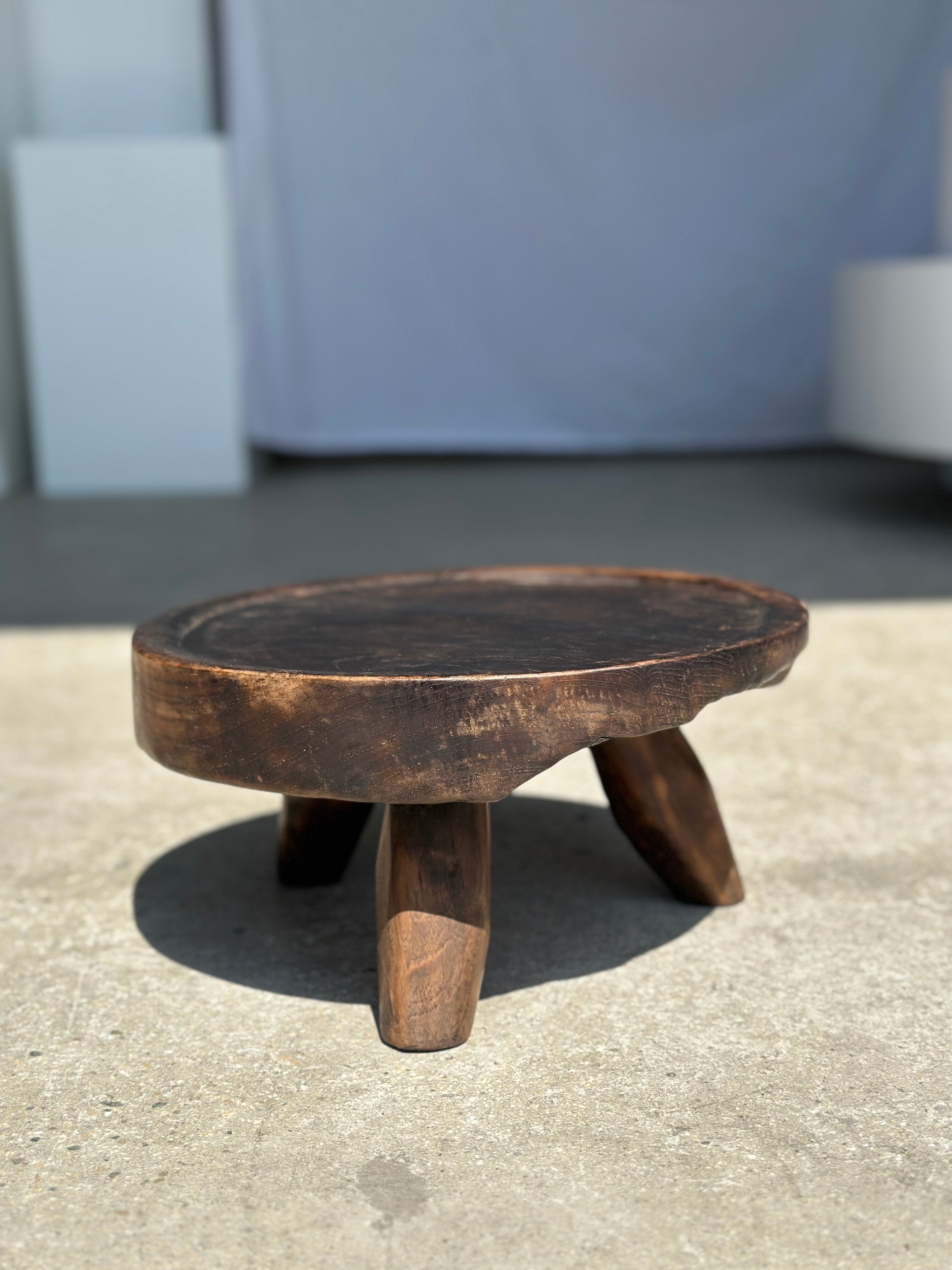 Small tripod stool low in dark brown upcycled teak