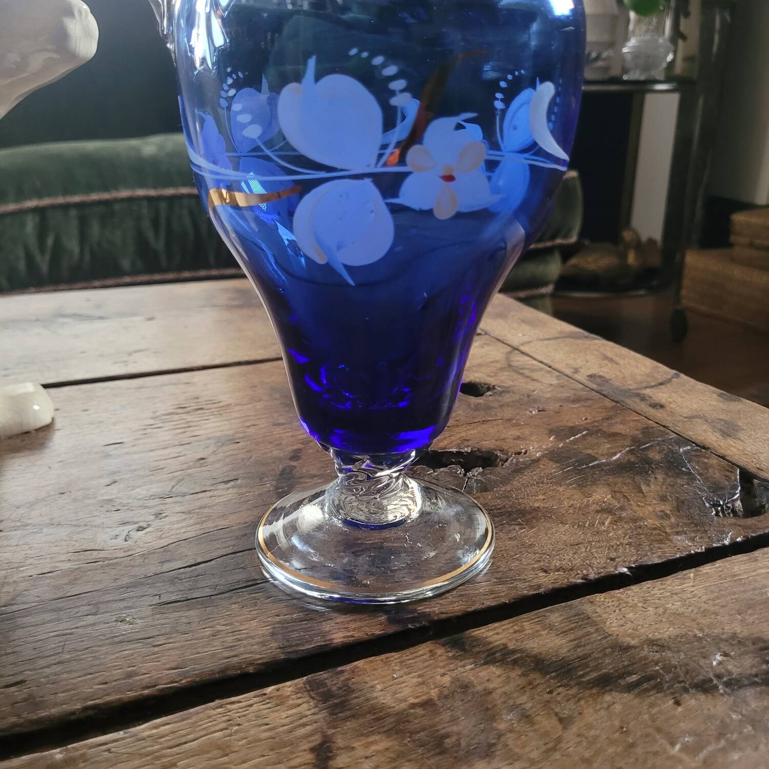 Hand-painted cobalt blue glass carafe – Bohemia – 1950s-1970s