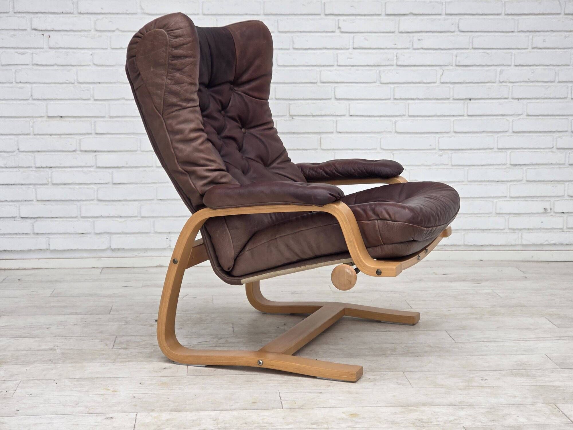 1970s, Scandinavian adjustable armchair, furniture leather, bentwood.