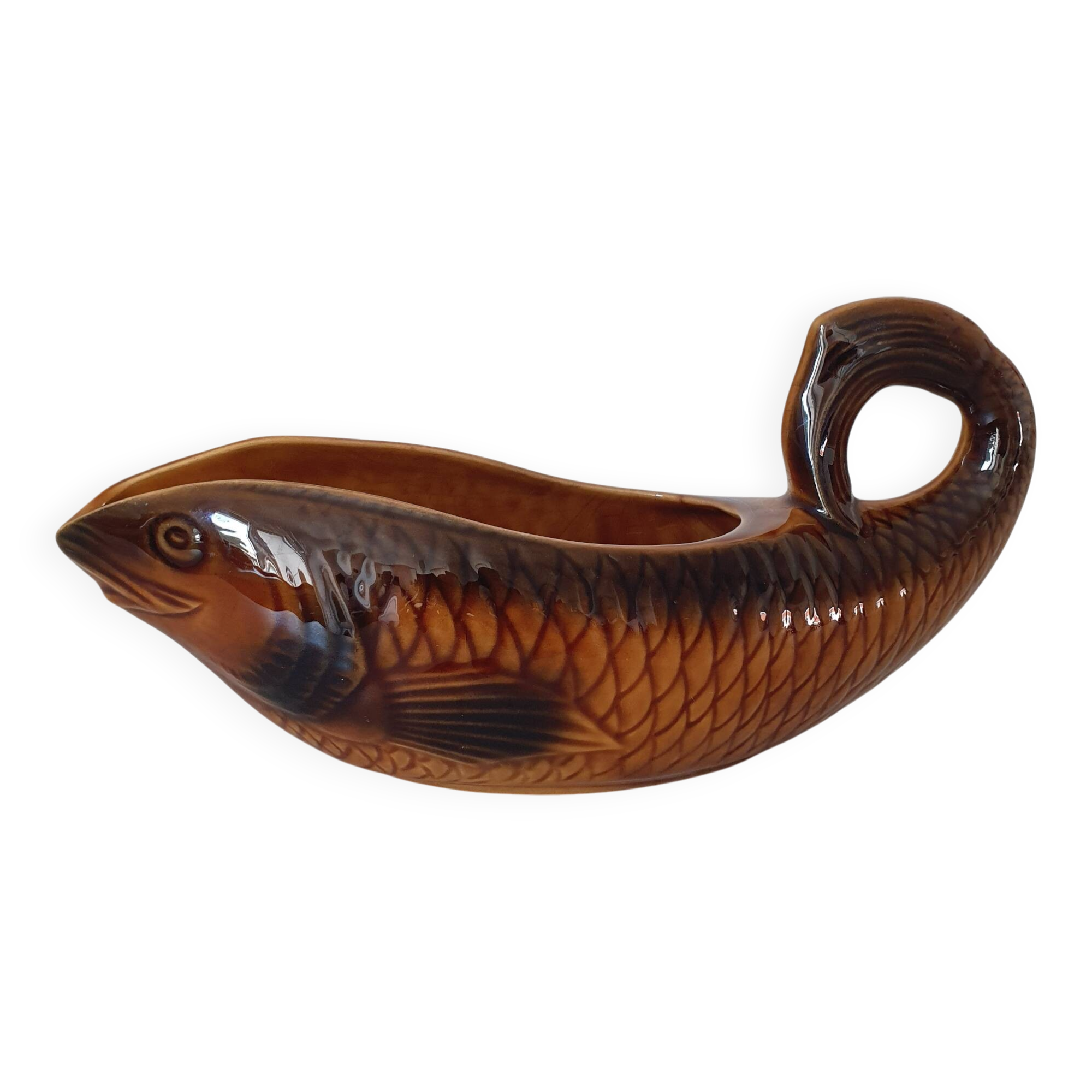 Sarreguemines / Saucière en forme poisson en céramique Barbotine