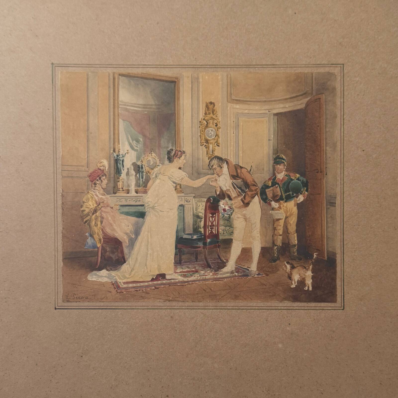 Watercolor paper scene of a bourgeois interior by Eugènes Charles Picou, 19th century