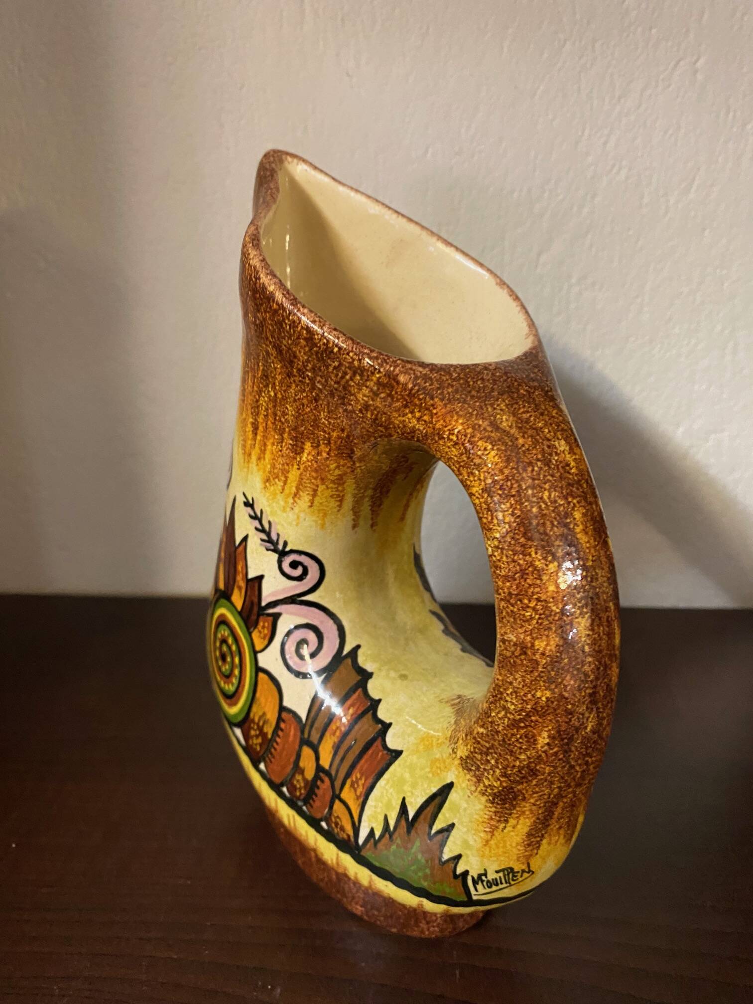 Quimper fouillen faience pitcher from the 50s/60s oblique shape gorse decor