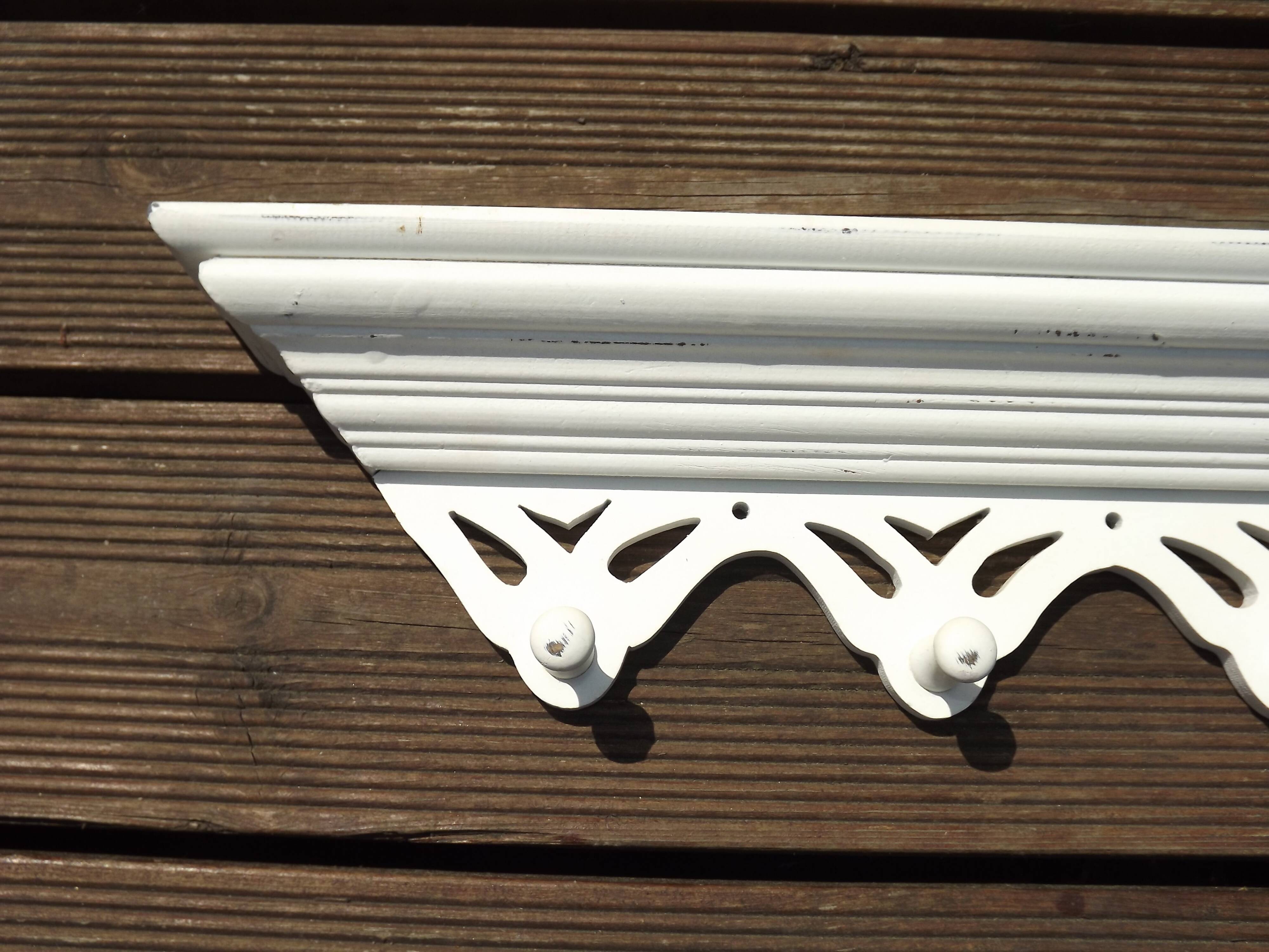 Vintage French White Shabby Chic 6 Peg Coat Rack with Shelf Cut-Out Detail