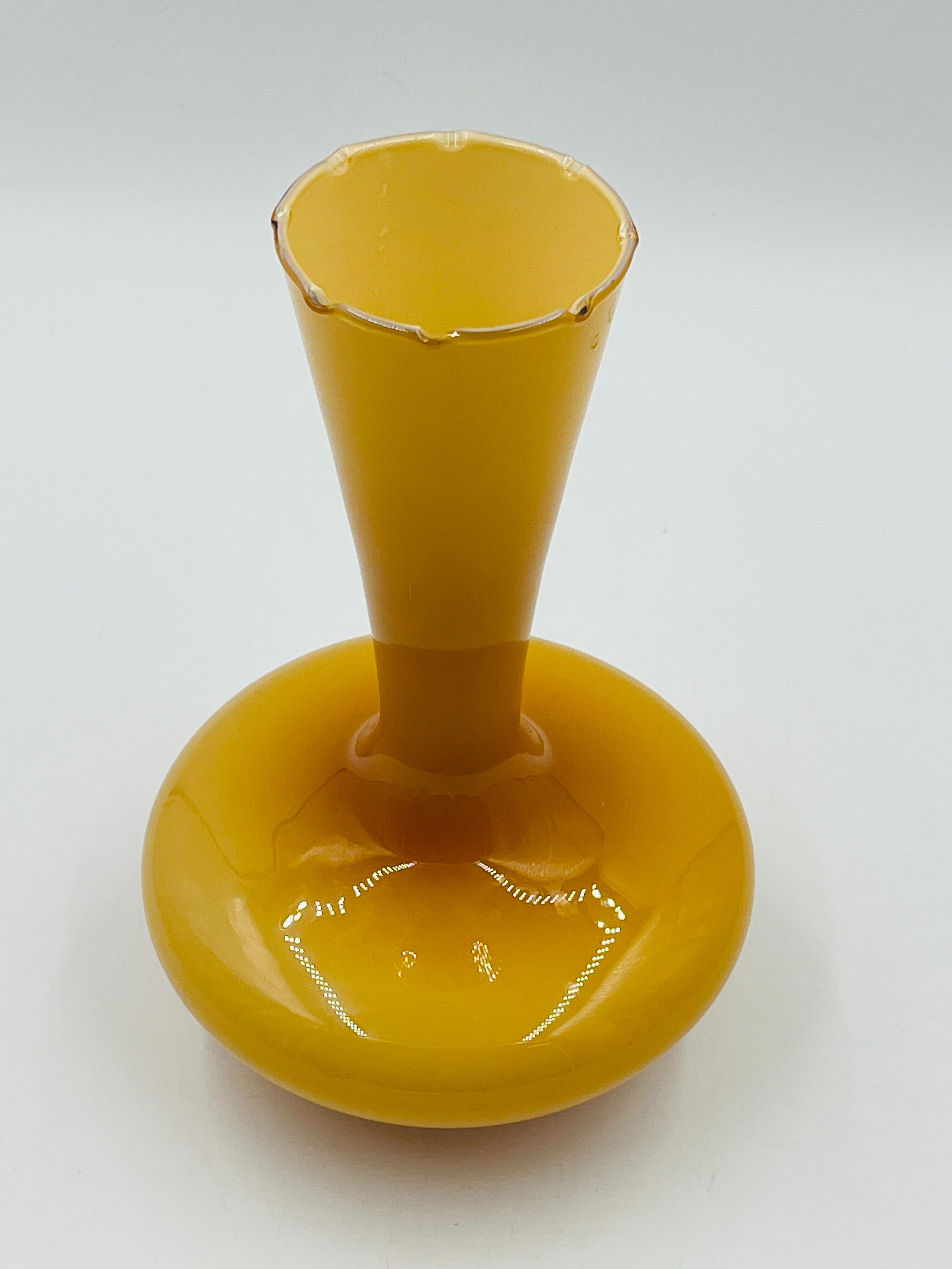 Vintage ochre opaline vase with a fluted neck
