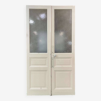 Double porte d'intérieur vitrée en sapin du début XXème - 1m23.x2m27