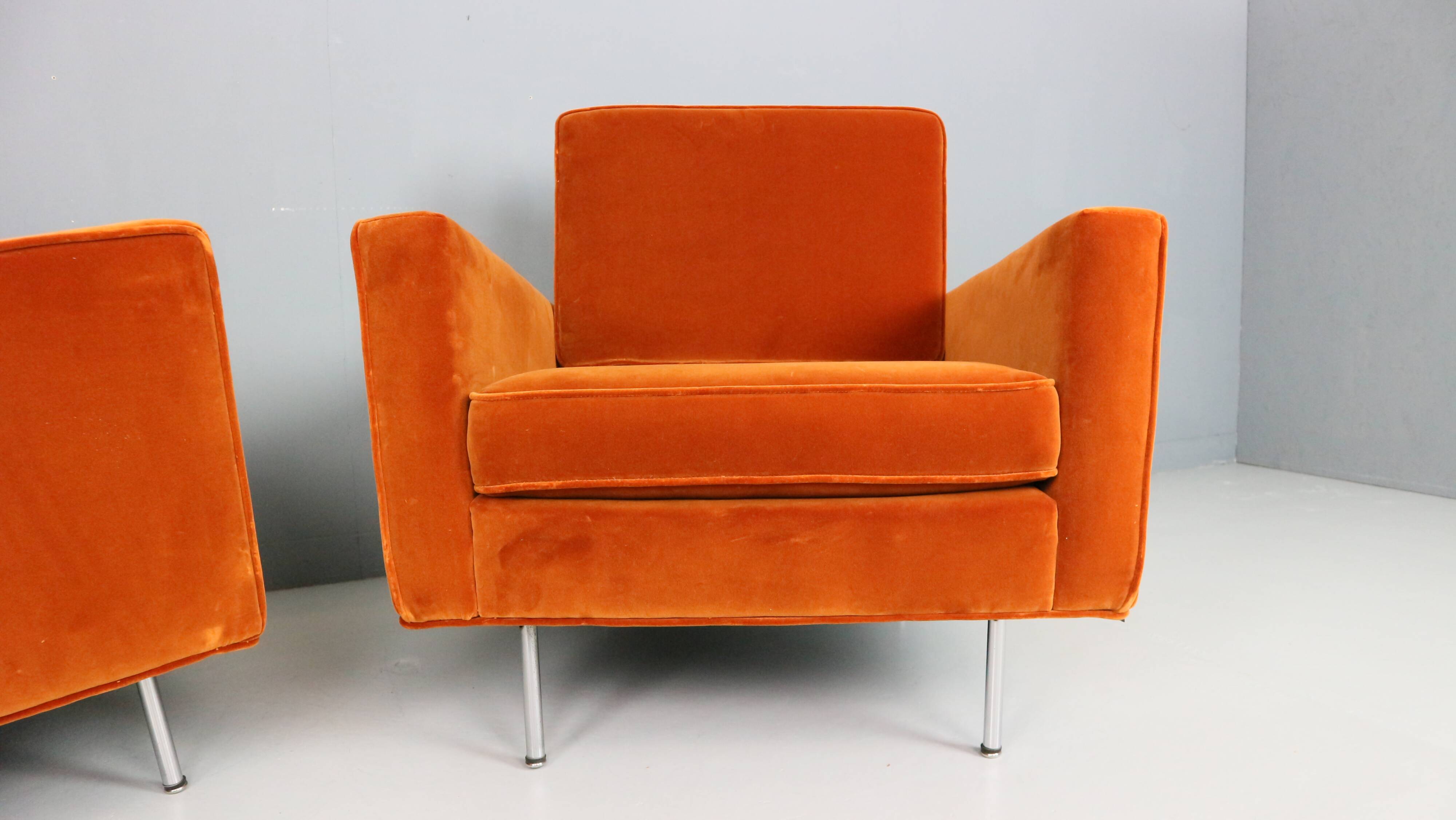 Pair of 1st edition easy chairs 25 BC by Florence Knoll in velvet, 1950s