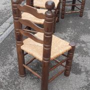4 chaises brutalistes en bois tourné et paille