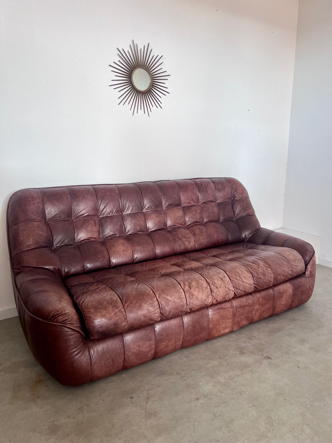 Ensemble canapé et 2 fauteuils vintage en cuir camel patchwork design années 70