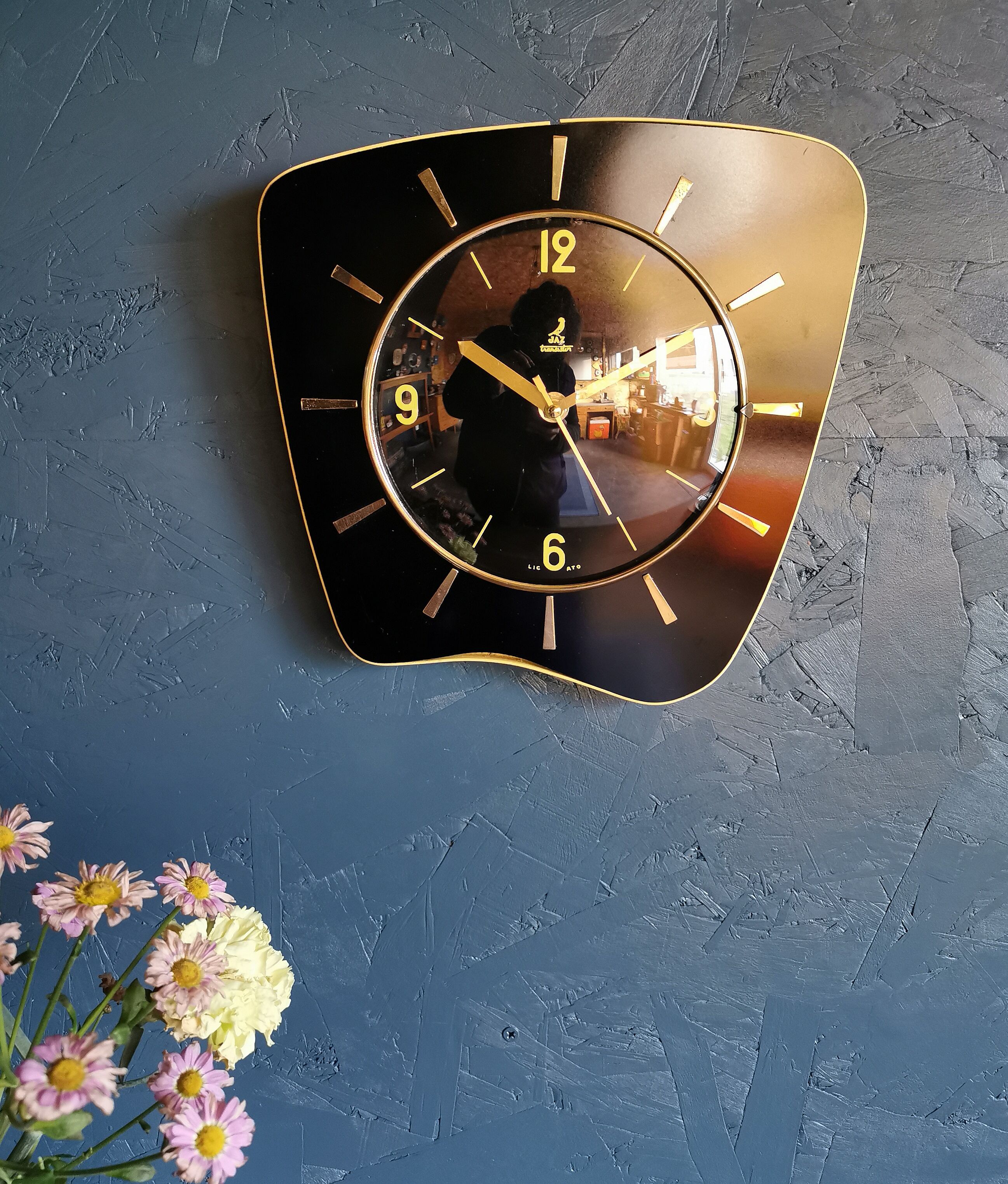 Vintage formica clock asymmetrical silent wall clock "Jaz black yellow"