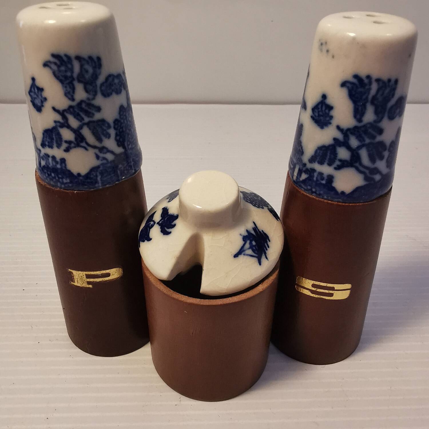 Vintage salt shaker, pepper shaker and mustard pot set in wood and ceramic