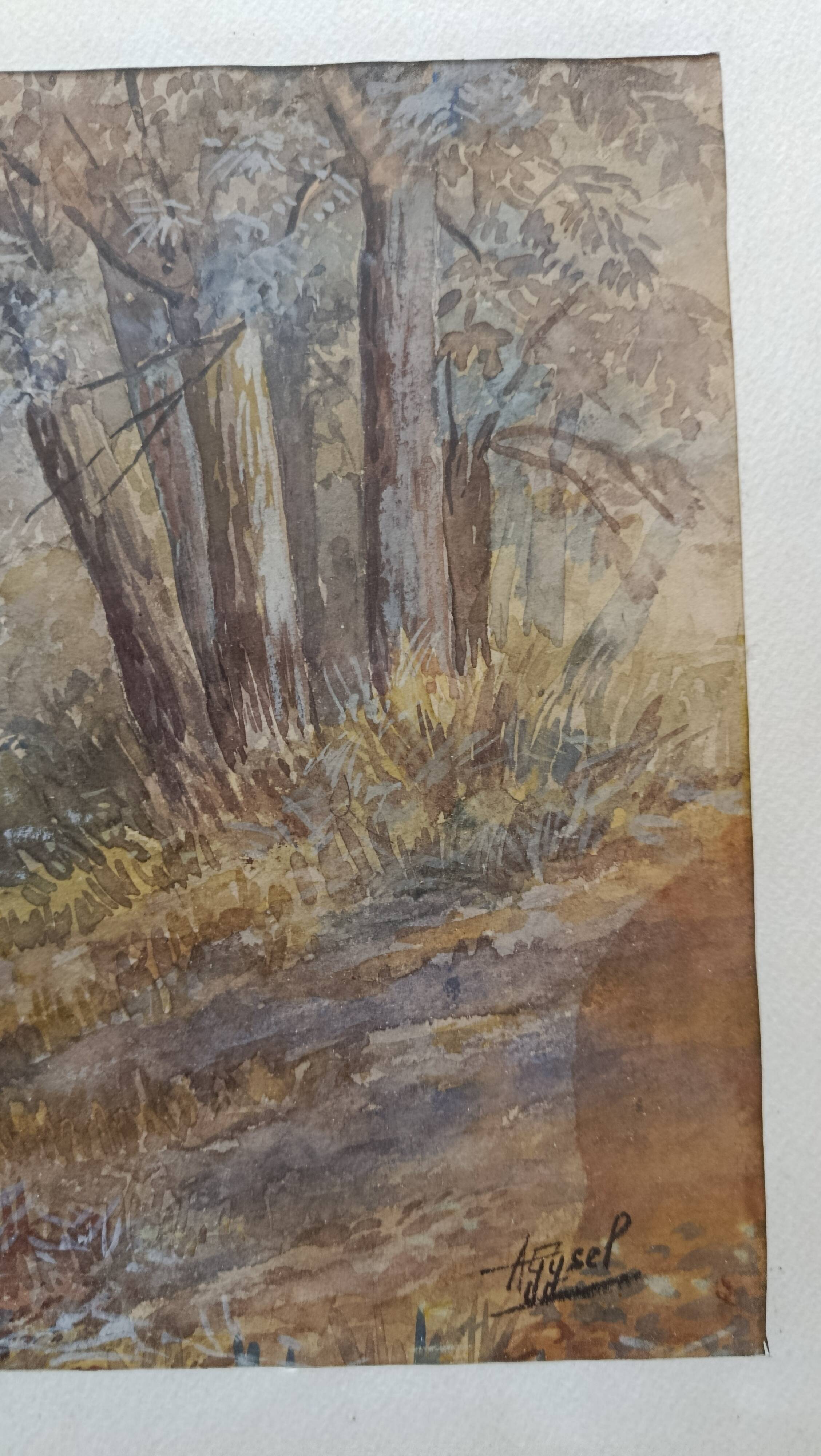 WATERCOLOR 1907 by Albert GYSEL River LA BOURRE towards MOTTE AU BOIS North