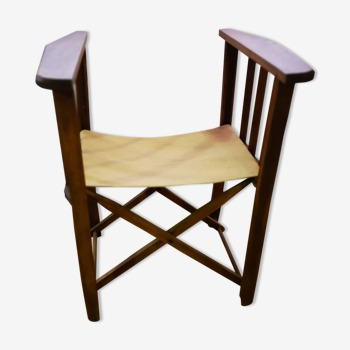 Fauteuil pliant vintage en bois avec assise toile beige