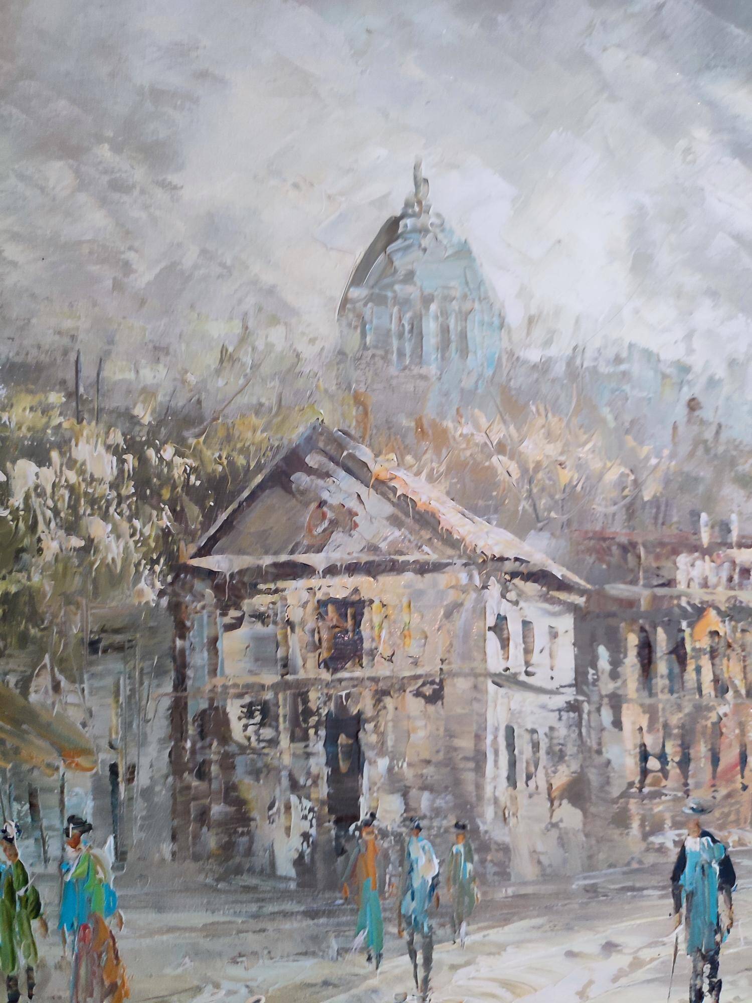 Description superb painting representing the place du tertre in Paris signed caroline burnett