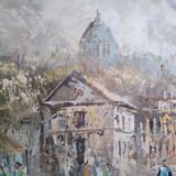 Description superb painting representing the place du tertre in Paris signed caroline burnett