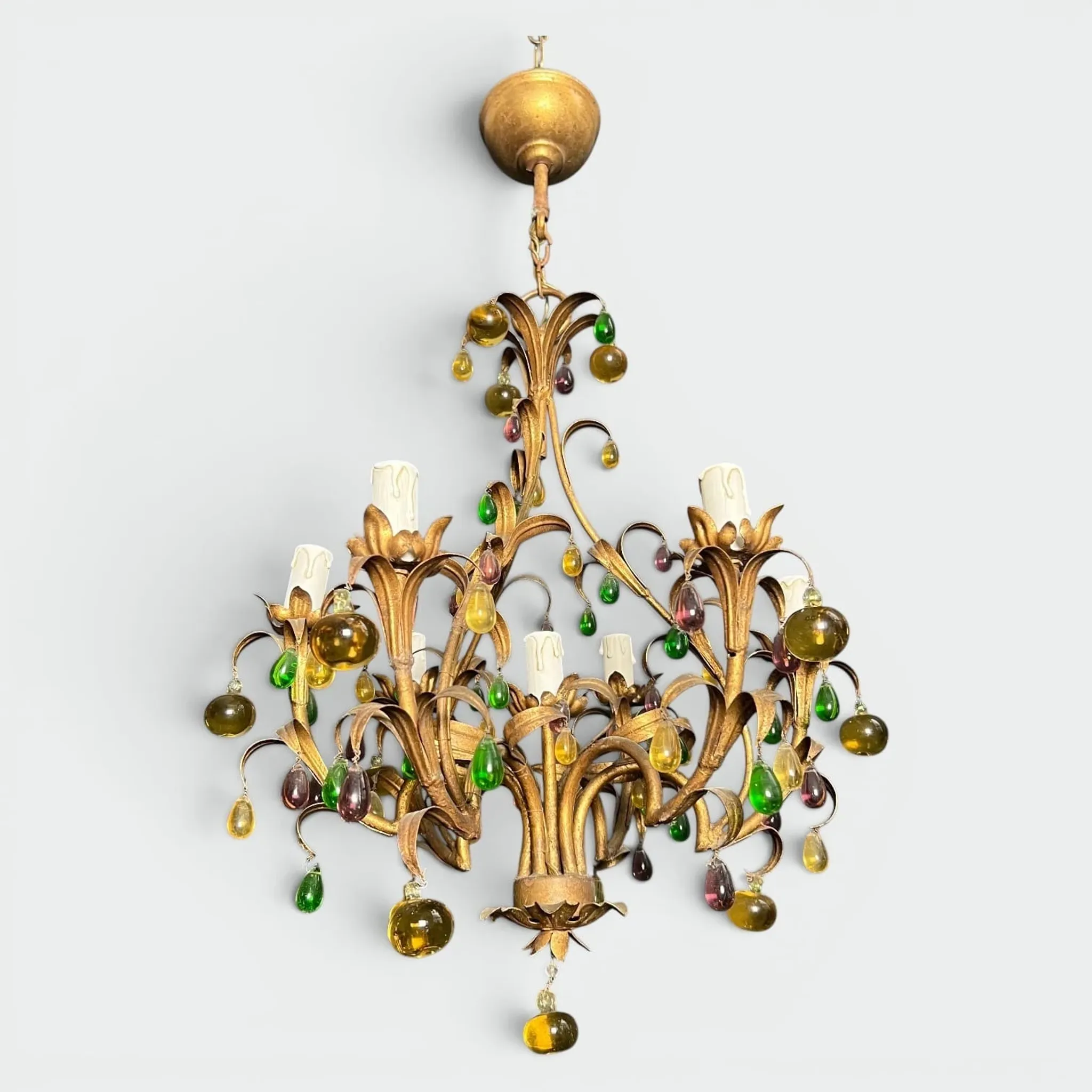 Golden Metal Cage with Leaf and Multi-Coloured Glass Fruit Decoration