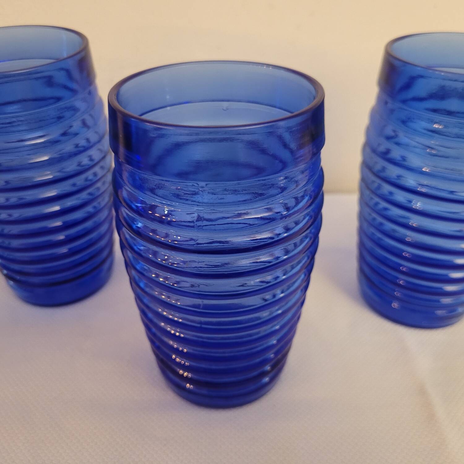 4 cobalt blue glasses – industrial moulded glass – 1970s