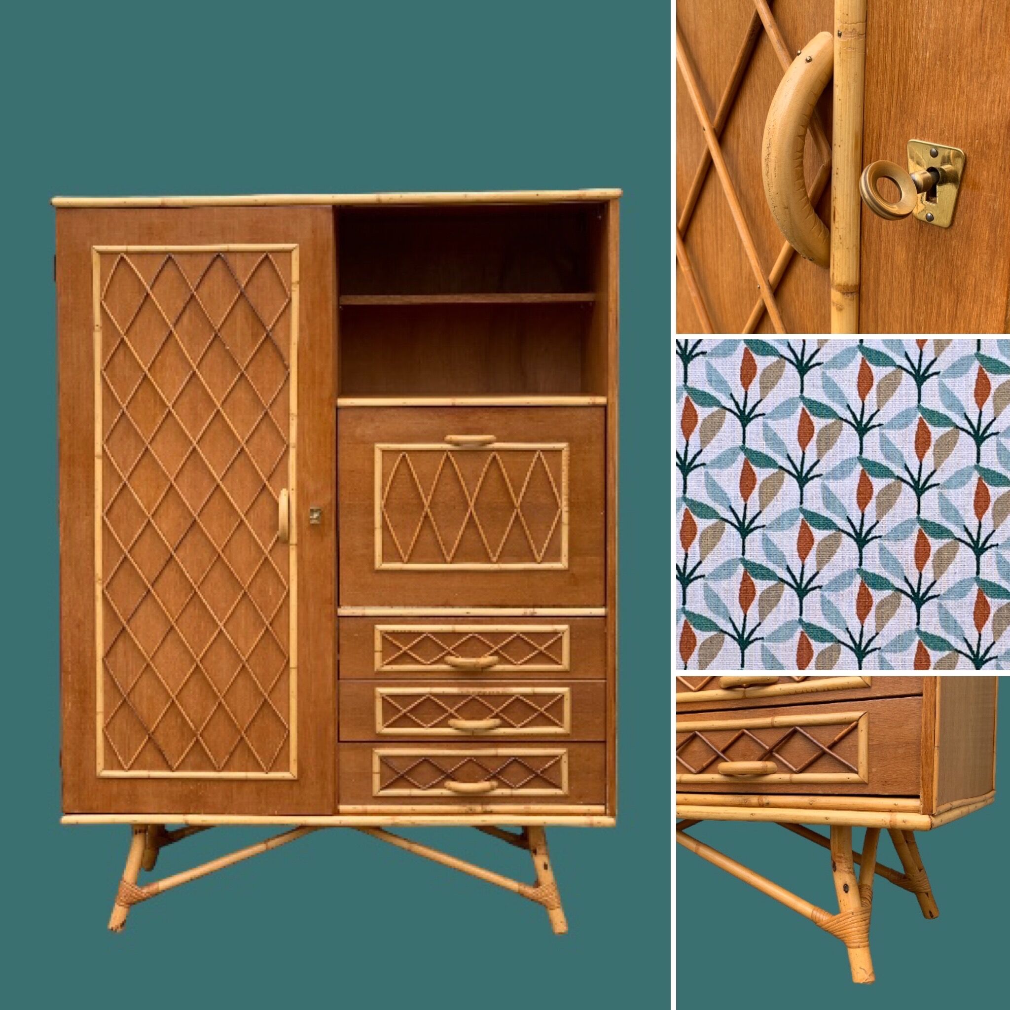 Rattan wardrobe with tapered legs from the 1960s.