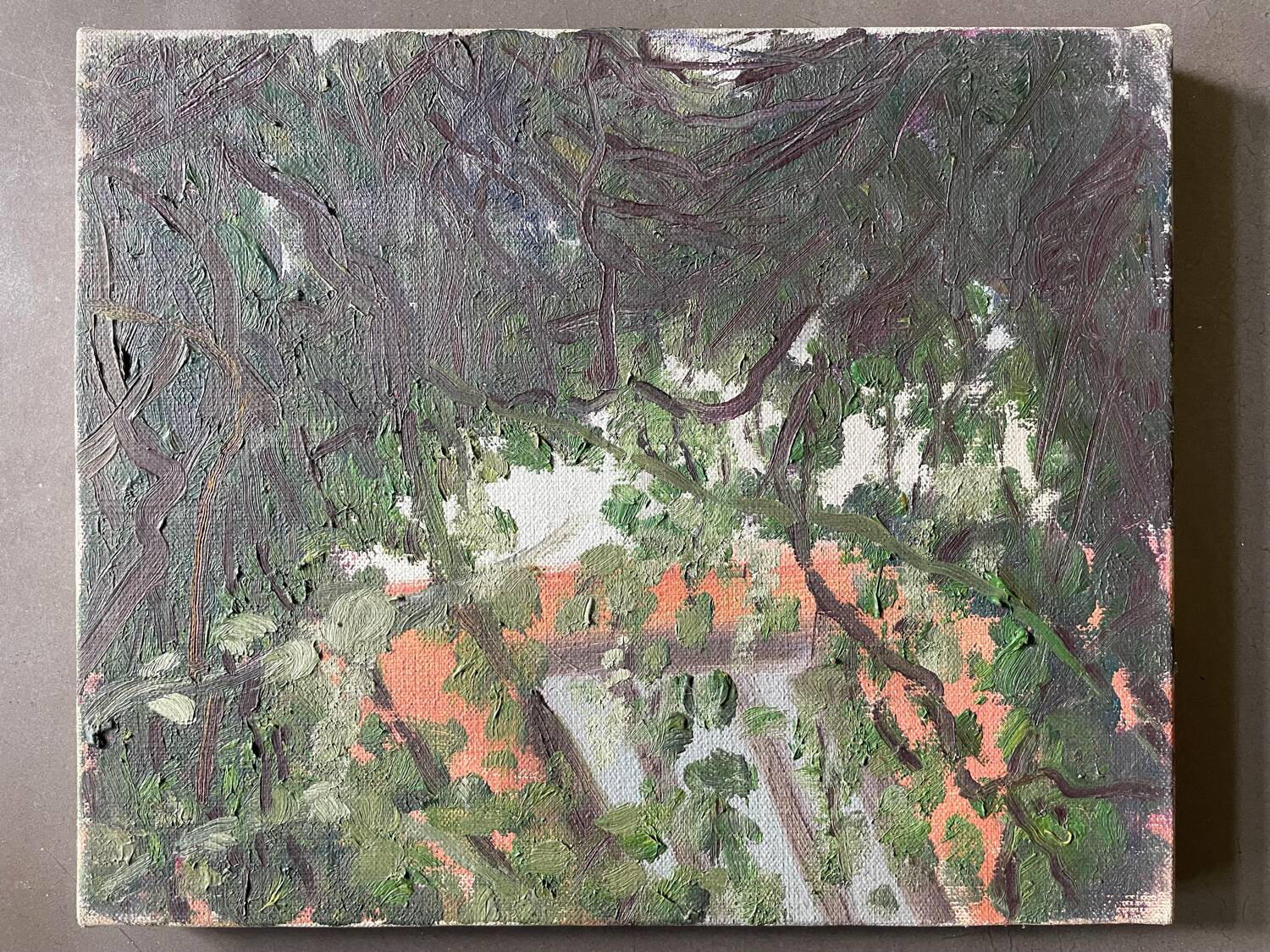 Art brut painting view of a garden 70s vintage