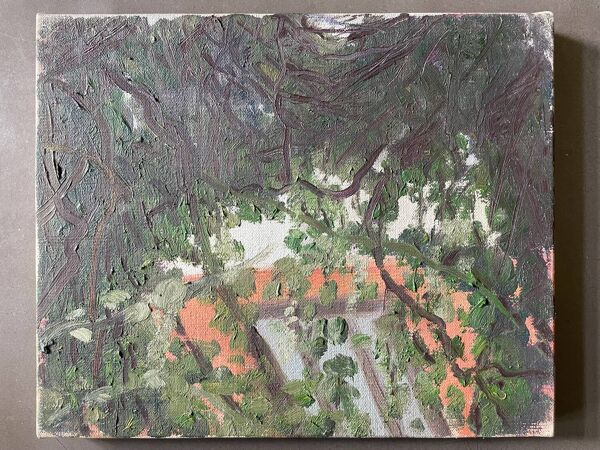 Tableau art brut vue d’un jardin années 70 vintage