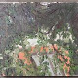 Tableau art brut vue d’un jardin années 70 vintage