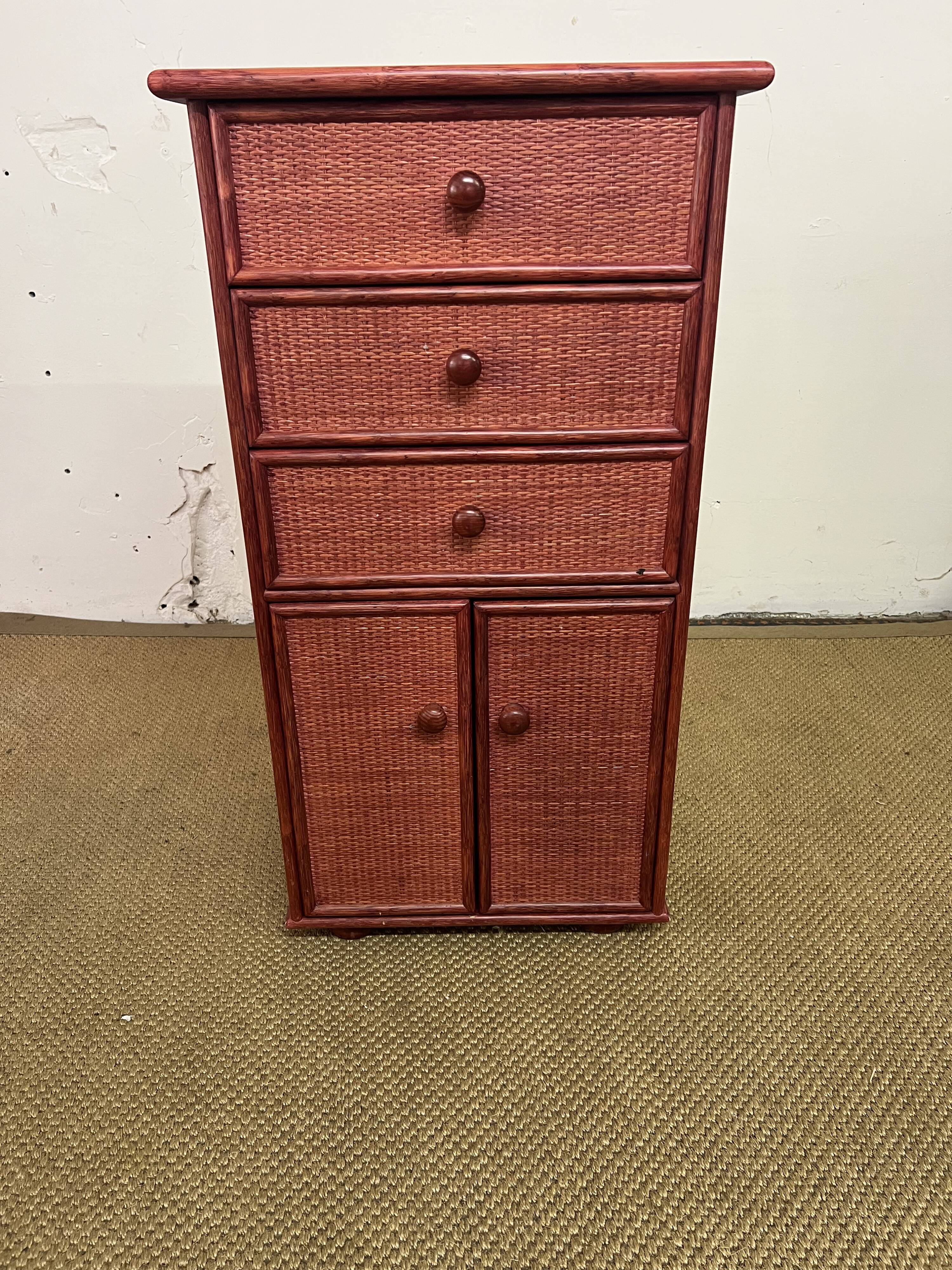 Small Chiffonier / Vintage red lacquered rattan storage unit