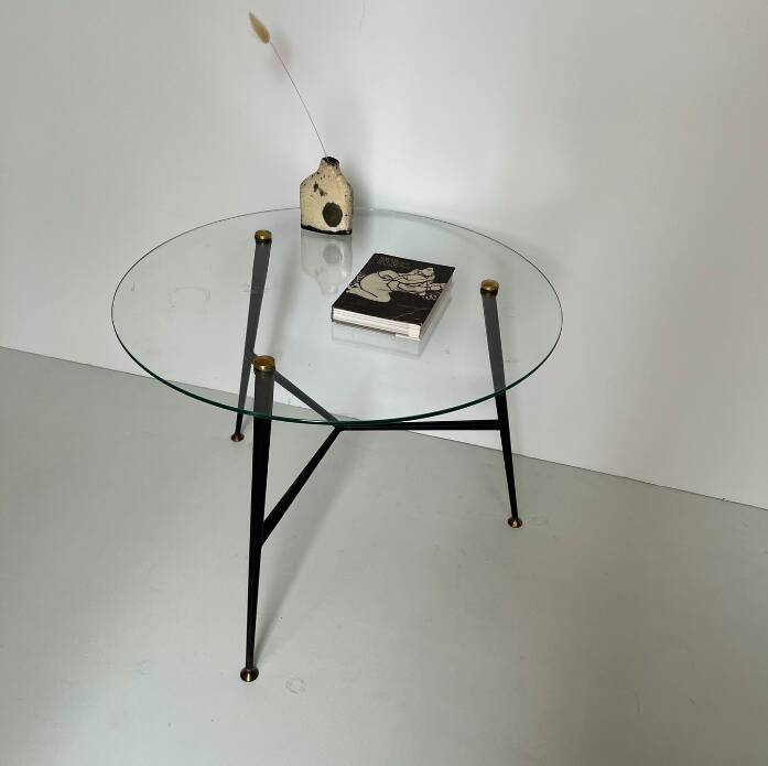 1950s Round Glass and Metal Coffee Table