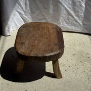 Small stool, oval solid teak accent stool with a two-tone seat.