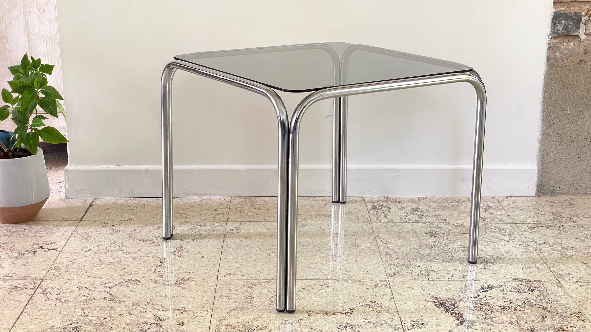 1970s coffee table glass and chrome steel