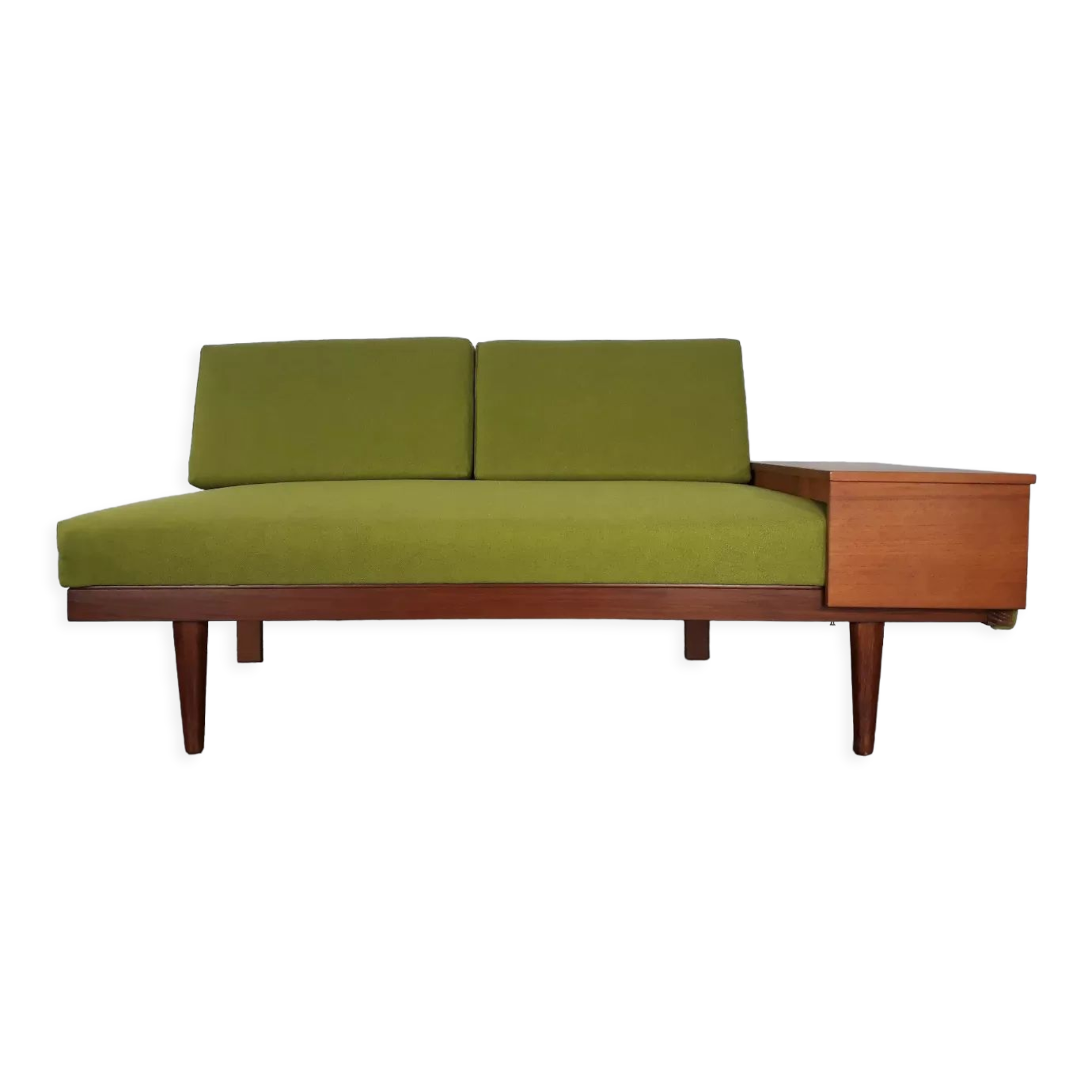 Canapé daybed teck et tissu vert olive, design Ingmar Relling édition Ekornes, 1960s